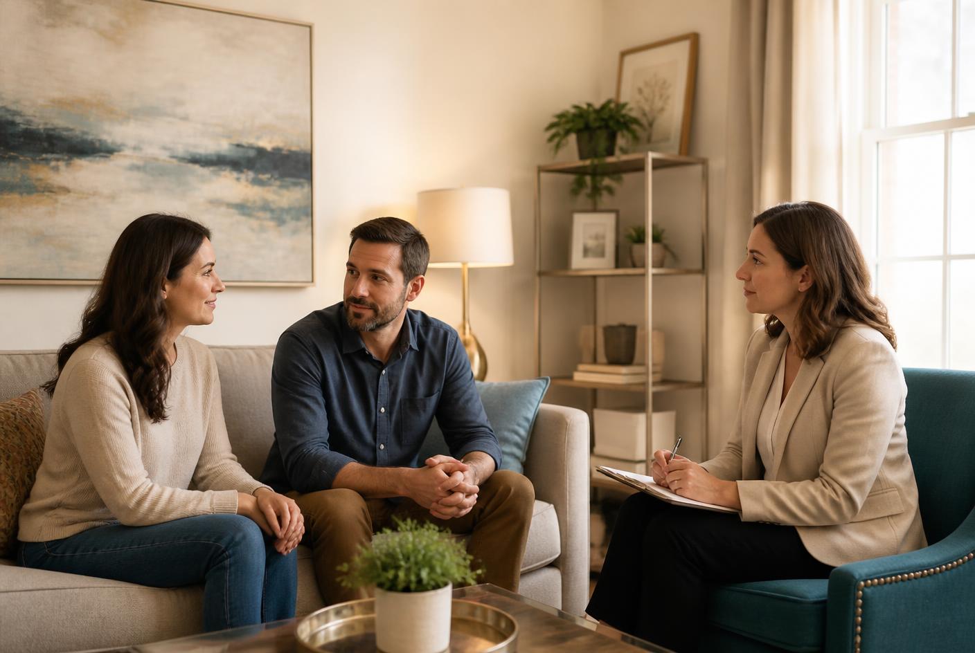 A counselor meeting with a couple in a warm, welcoming consultation room