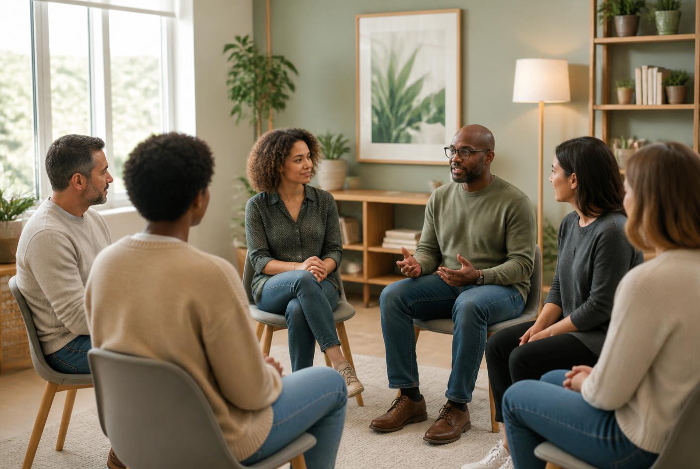 A supportive group counseling circle in a bright, plant-filled room